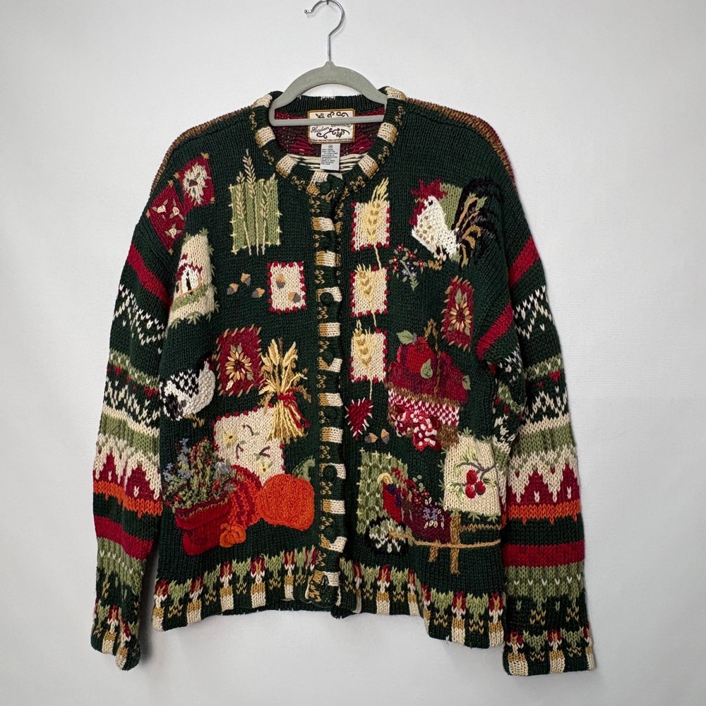 Heirloom Collectibles Vintage Farm Harvest Patchwork Cardigan Sweater Green M